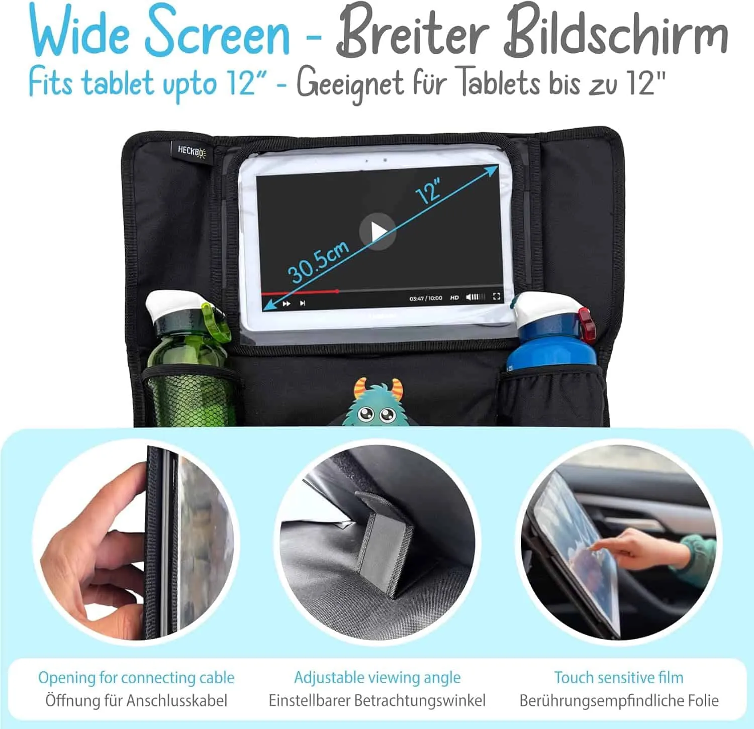 Heckbo Auto Organizer Rückenlehnenschutz mit verstellbarer Tablet Tasche, Aufbewahrung für Zubehör universal – 70x45cm – inkl. Getränkehalter + Aufbewahrungsnetz – Bild 7