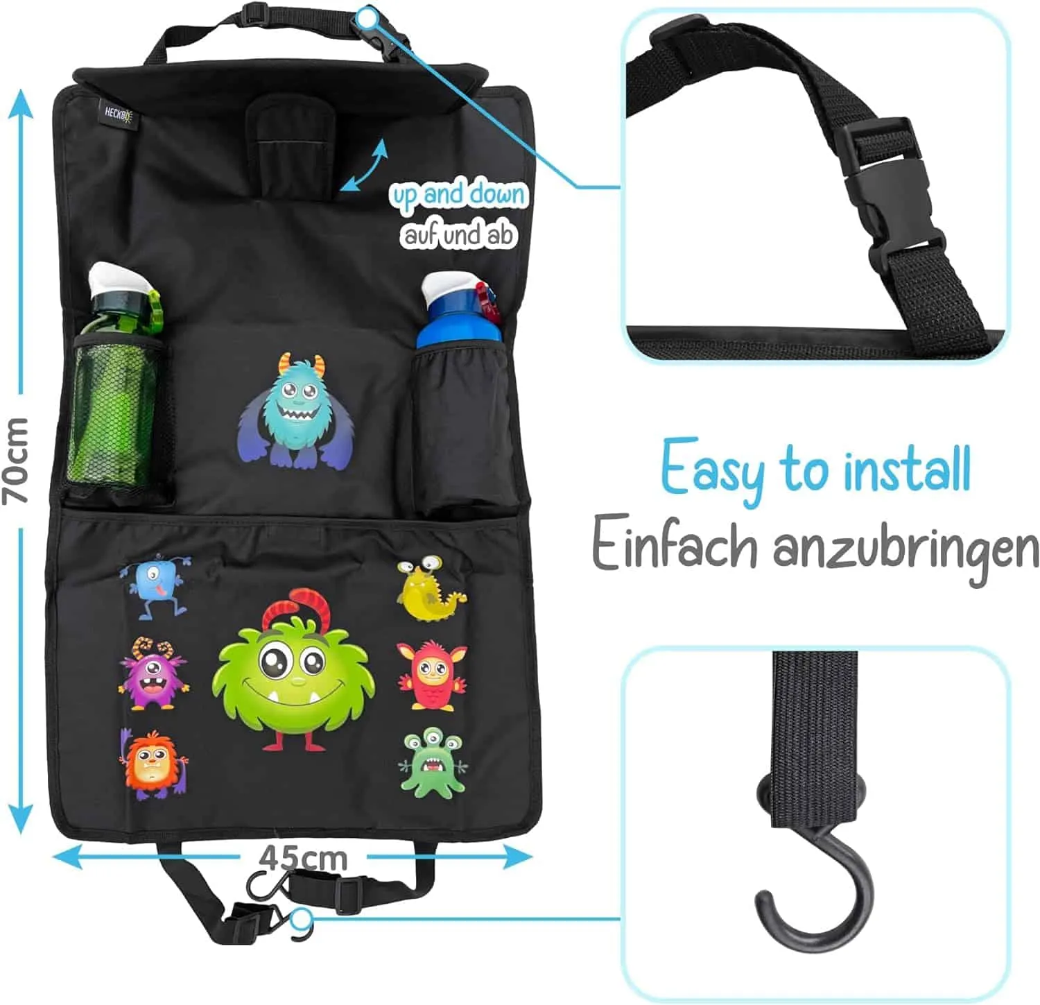 Heckbo Auto Organizer Rückenlehnenschutz mit verstellbarer Tablet Tasche, Aufbewahrung für Zubehör universal – 70x45cm – inkl. Getränkehalter + Aufbewahrungsnetz – Bild 6