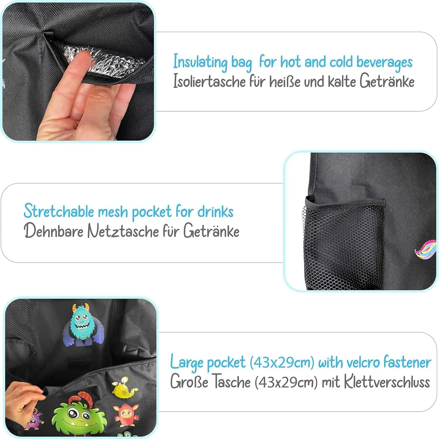 Heckbo Auto Organizer Rückenlehnenschutz mit verstellbarer Tablet Tasche, Aufbewahrung für Zubehör universal – 70x45cm – inkl. Getränkehalter + Aufbewahrungsnetz – Bild 4