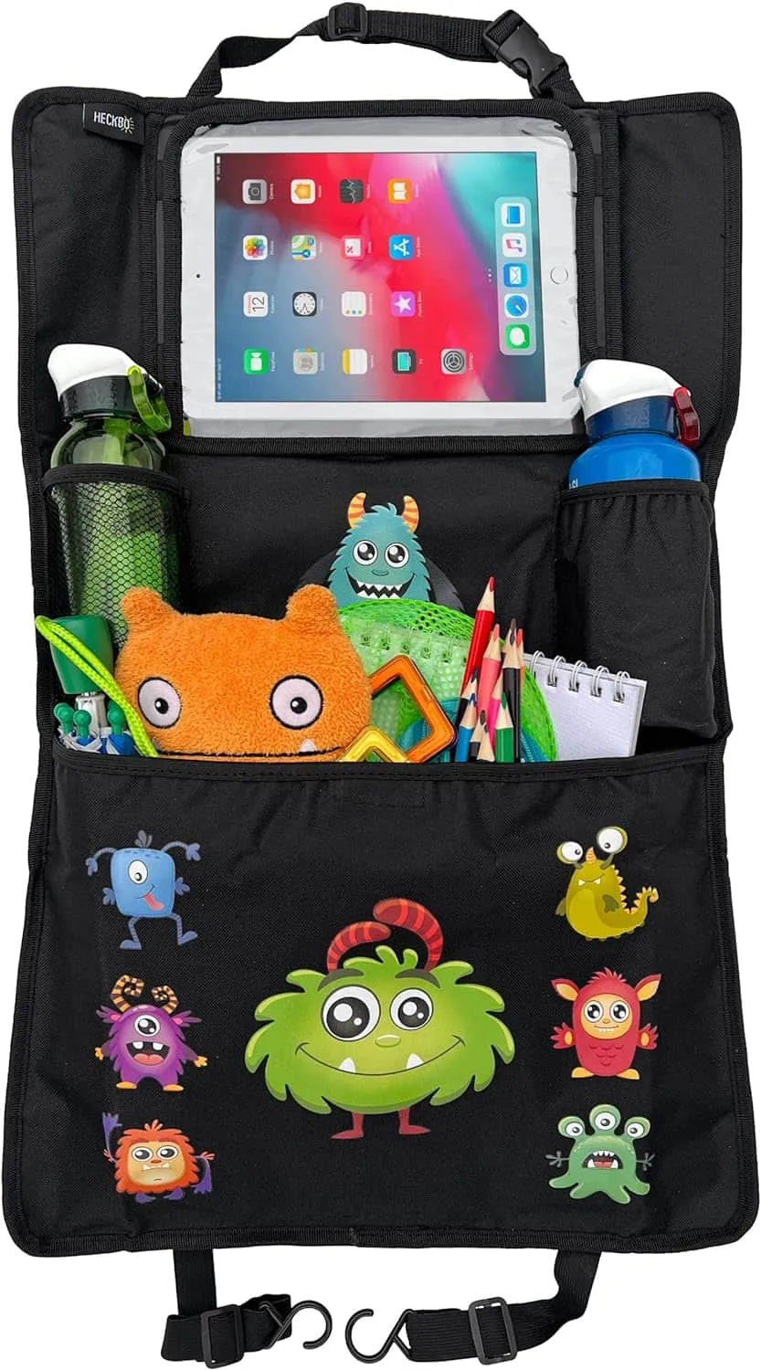 Heckbo Auto Organizer Rückenlehnenschutz mit verstellbarer Tablet Tasche, Aufbewahrung für Zubehör universal – 70x45cm – inkl. Getränkehalter + Aufbewahrungsnetz