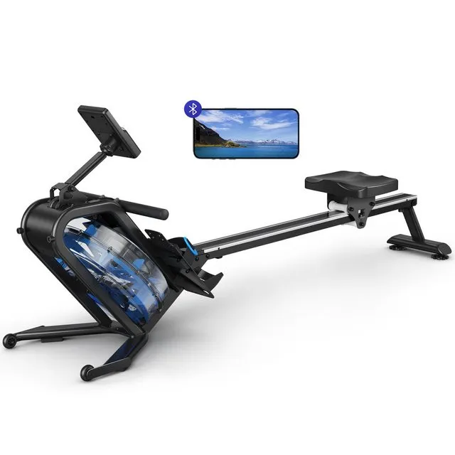 MERACH Rudergerät Wasserrudergerät für zuhause, Magnetisches Rudergerät mit LCD-Display (Bluetooth App unterstützt, Einstellbaren Widerstandsstufen, mit Ipad-Halterung und Ergonomie Sitzkissen), 150kg Gewichtskapazität, Vertikal Verstaubar