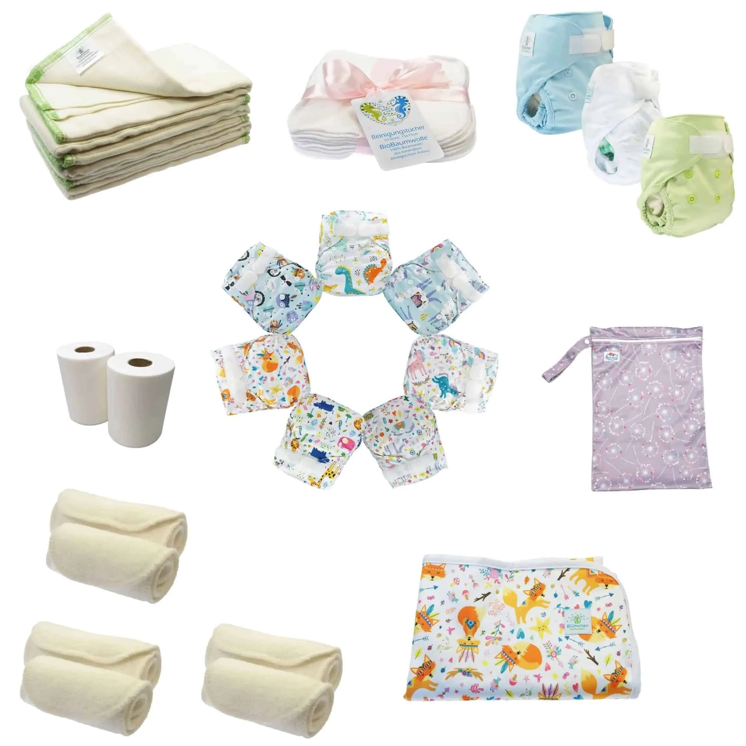 Wiladu Stoffwindeln Starterset Premium Newborn – 4 Überhosen, 8 Prefolds, 5 Saugeinlagen und vieles mehr