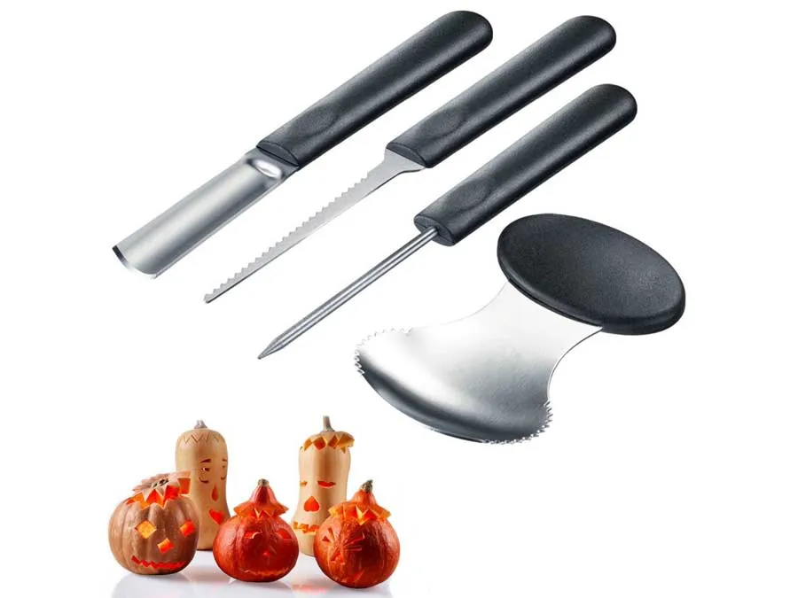 Kürbis Schnitz-Set, 4-teilig mit Schnitzvorlagen