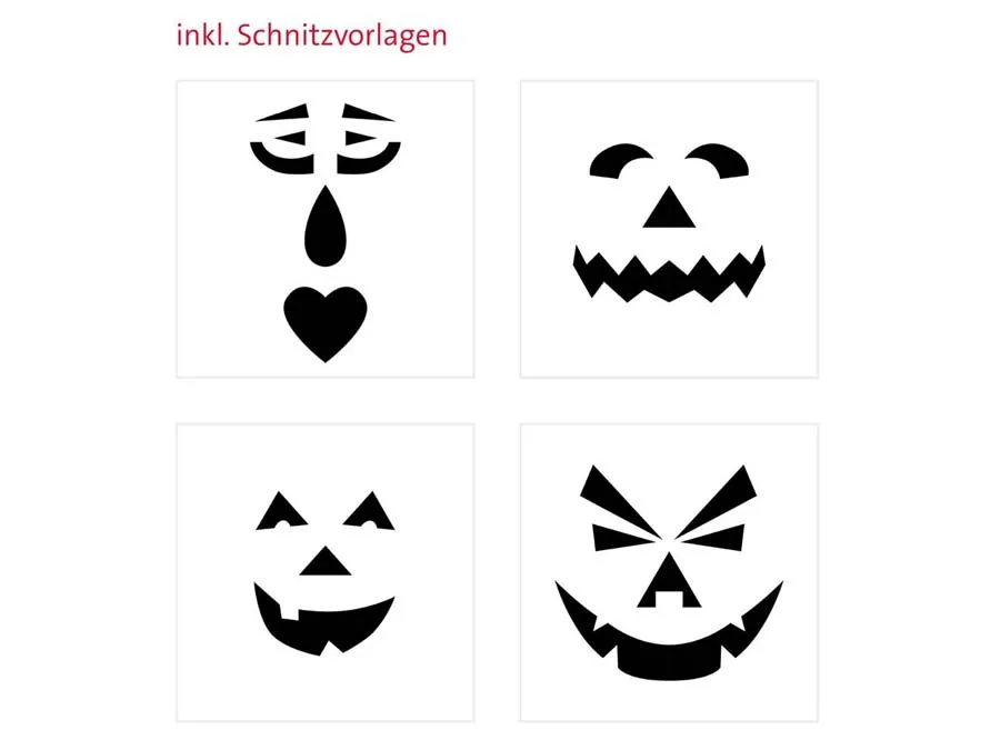 Kürbis Schnitz-Set, 4-teilig mit Schnitzvorlagen – Bild 4