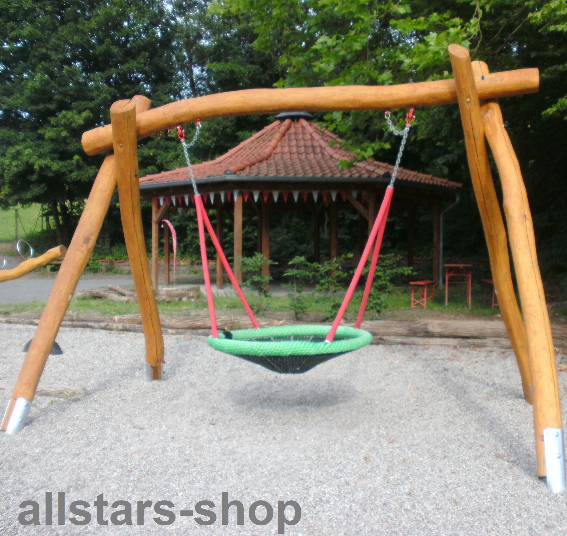 Schaukelgestell Br. 3,80 m mit Vogelnestschaukel 120 cm Robinie Eiche + Pfostenschuhe Nestschaukel farbig allstars