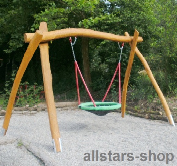 Schaukelgestell Br. 3,80 m mit Vogelnestschaukel 120 cm Robinie Eiche + Pfostenschuhe Nestschaukel farbig allstars – Bild 2