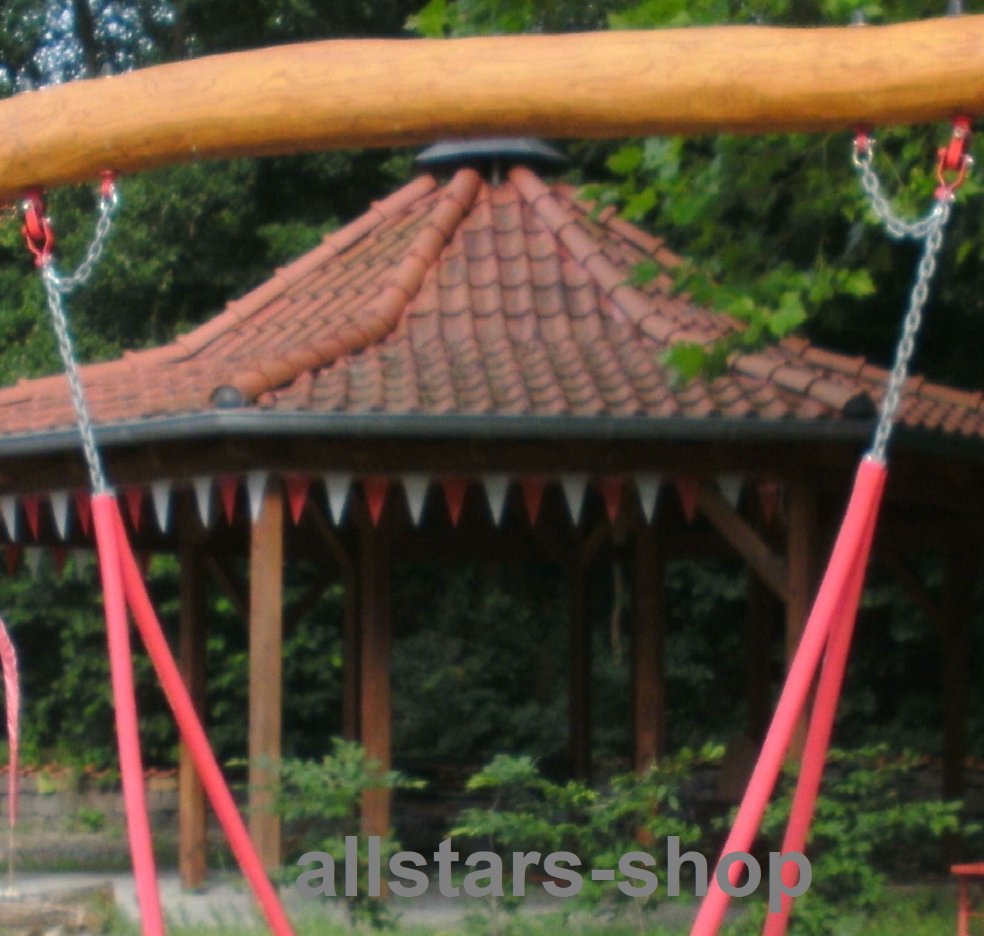 Schaukelgestell Br. 3,80 m mit Vogelnestschaukel 120 cm Robinie Eiche + Pfostenschuhe Nestschaukel farbig allstars – Bild 5
