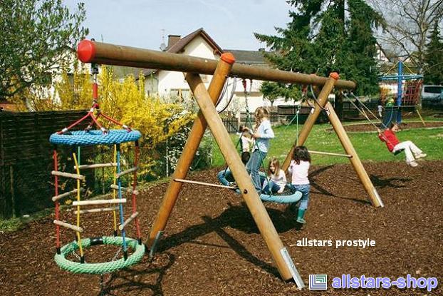 Schaukelgestell Kopfbalken L = 6,80 m mit Vogelnest Ø 1,0 m, Kletterkamin und Schaukelsitz, Höhe 2,00 m, Huck – Bild 2